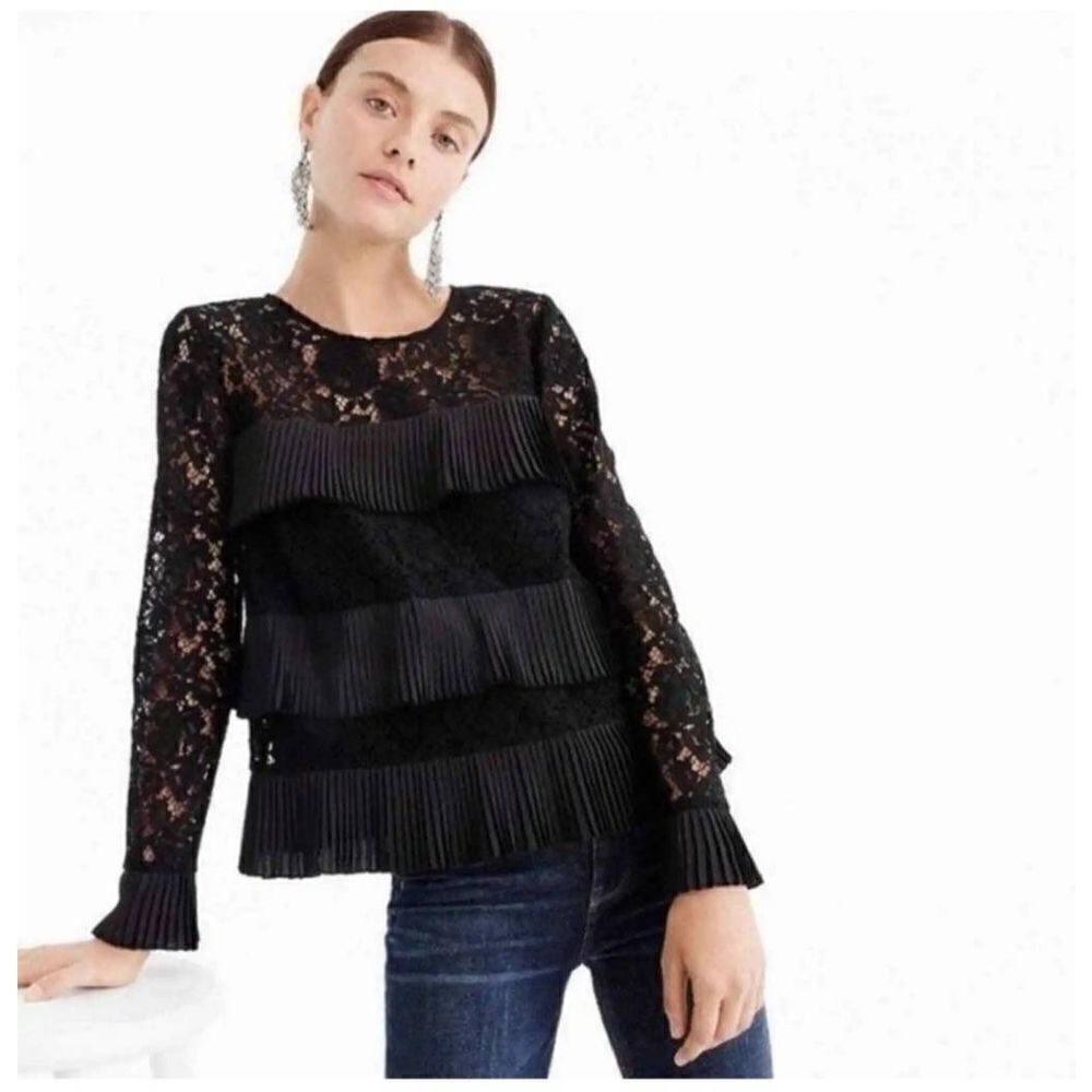 J crew womens Sz 2 black lace tiered rufflet top blouse